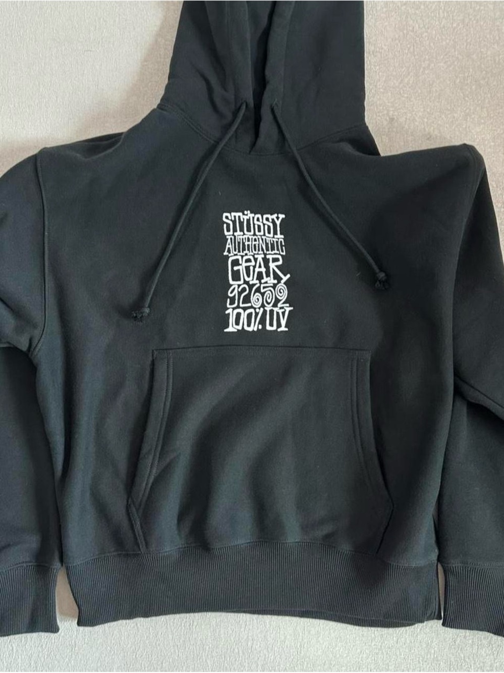 Stussy Black Hoodie with White Chest Graphic